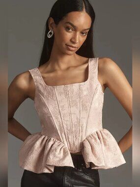 Anthropologie Siempre Blush Corset Side-Peplum Tank Top Size L Pink Textured